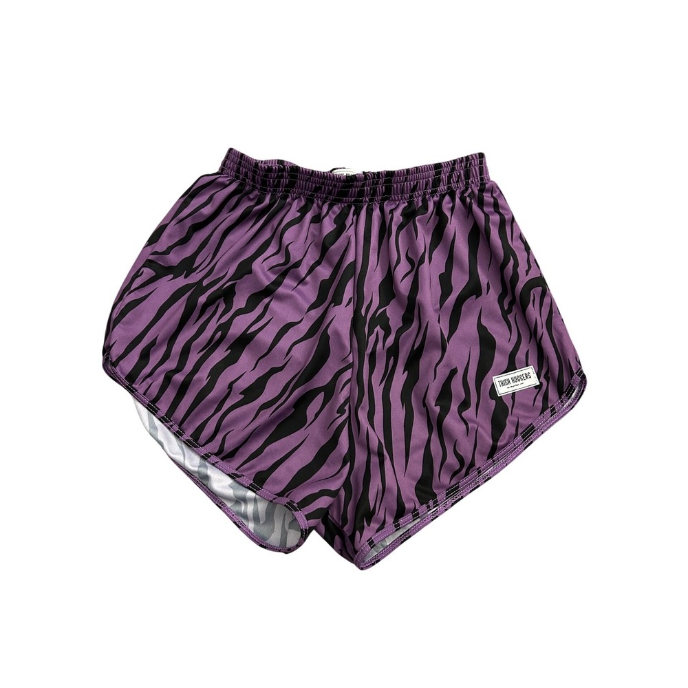 Thigh Huggers Shorts Mens M/L Purple Tiger Stripe Excellent Animal Print Gym